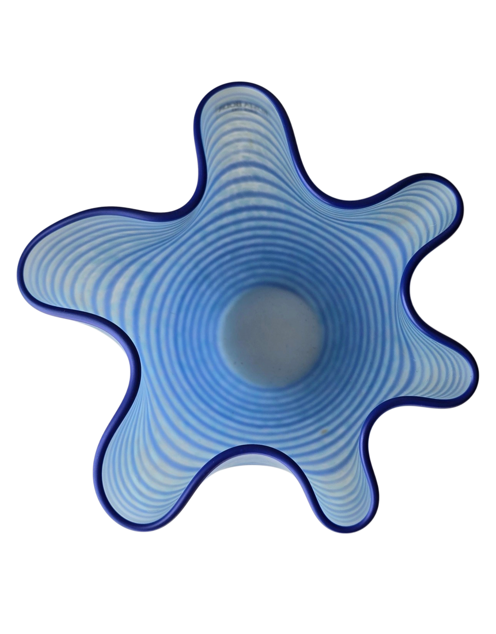 Vintage 1990s Kosta Boda Carmen vase model 49941 by Ulrica Hydman-Vallien, hand-blown Swedish art glass in blue and white with scalloped handkerchief form, Boutique Kaotique Home Edit