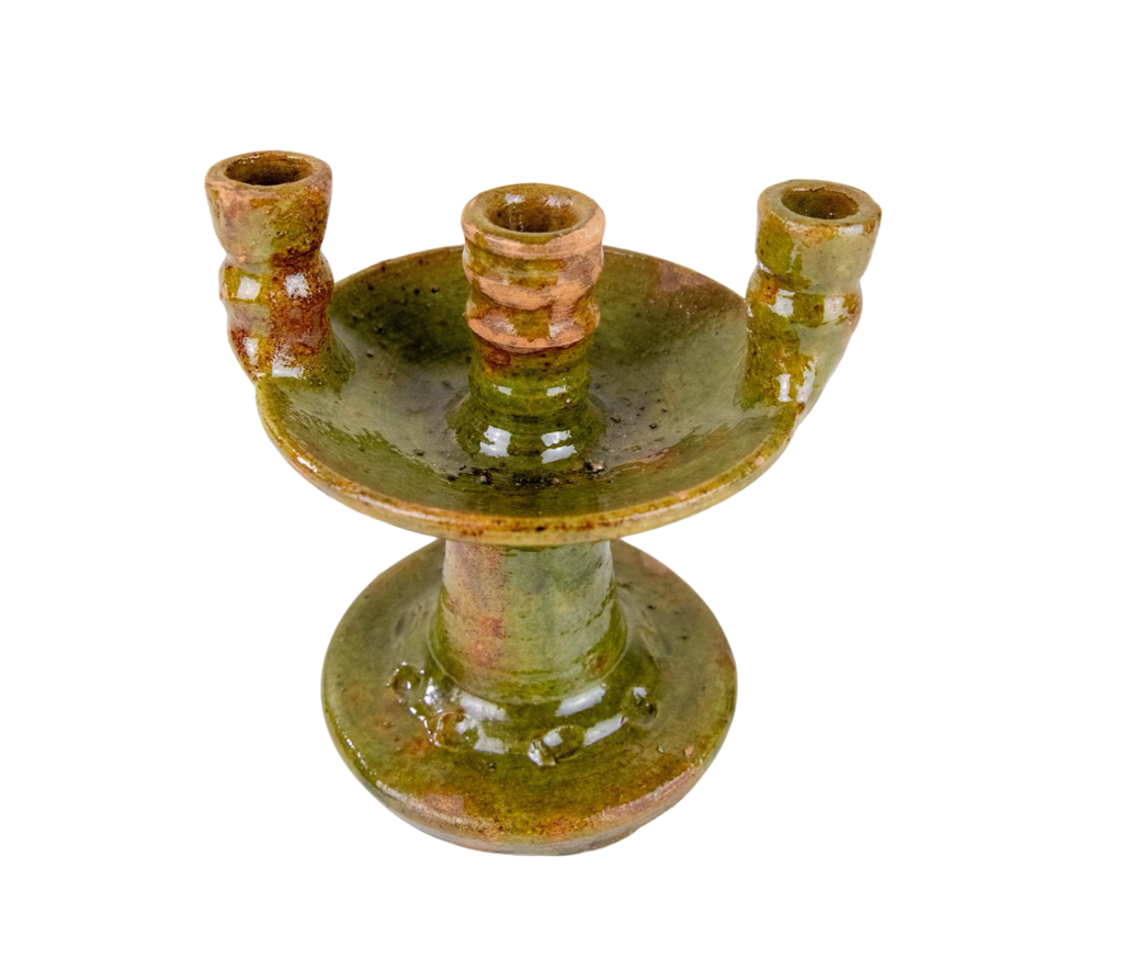 Handmade Tamegroute ceramic candlestick, 19cm. Distinctive Moroccan green glaze, one-of-a-kind. Part of The Home Edit by Boutique Kaotique.
