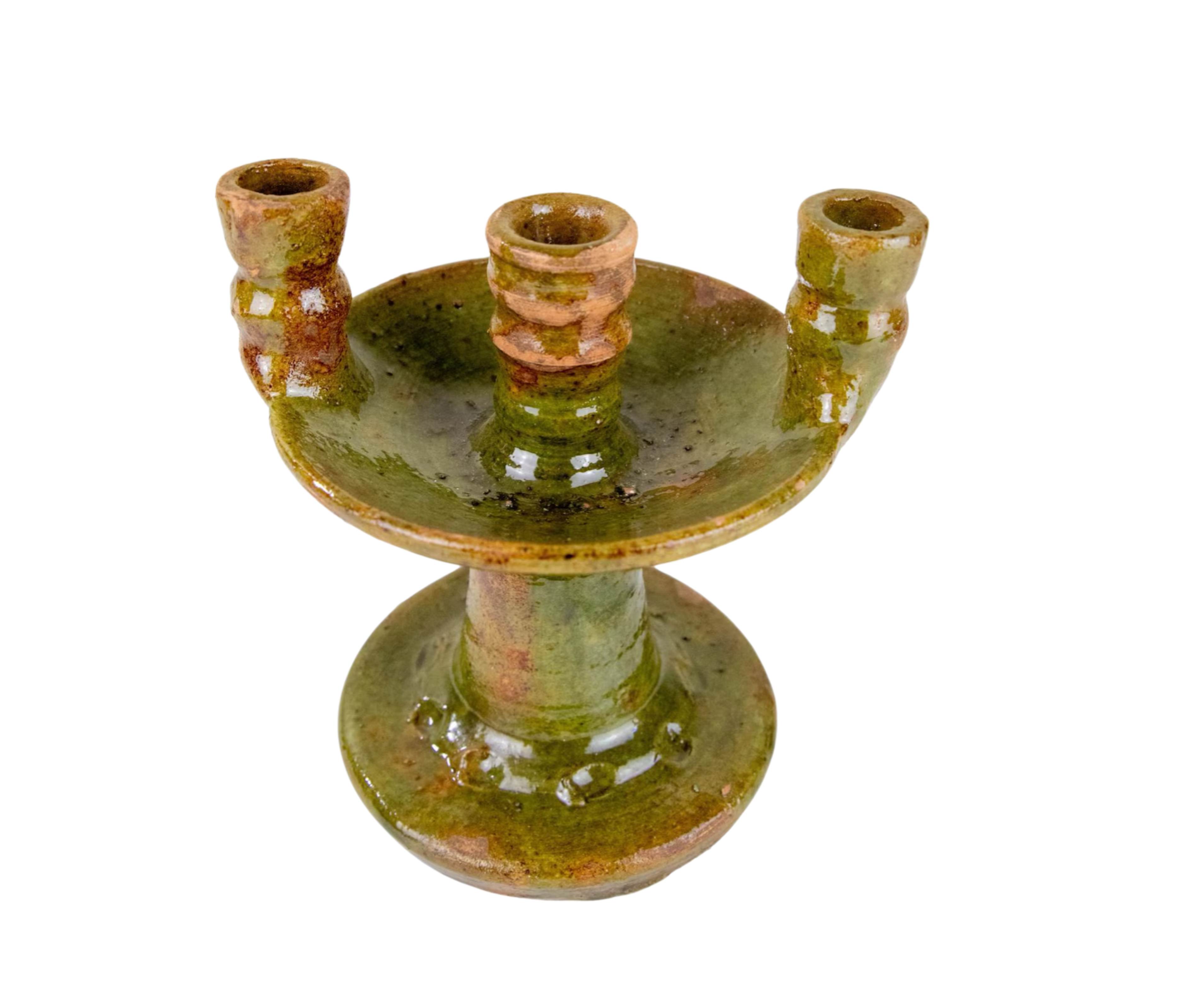 Handmade Tamegroute ceramic candlestick, 19cm. Distinctive Moroccan green glaze, one-of-a-kind. Part of The Home Edit by Boutique Kaotique.