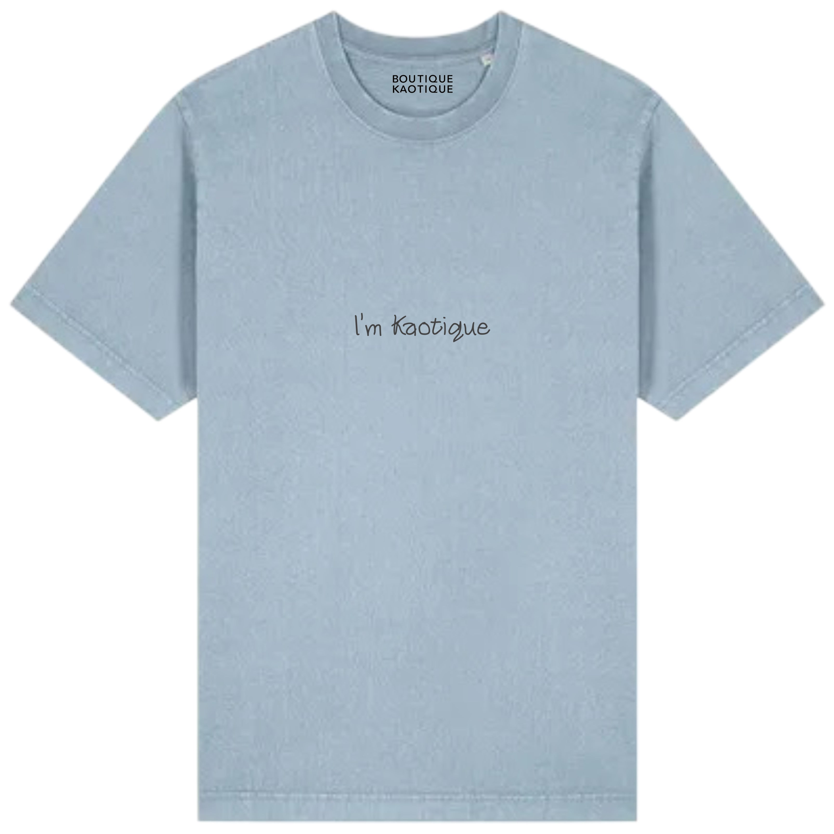 Light blue t-shirt with 'I'm Kaotique' text on a white background