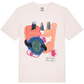 A white organic cotton t-shirt with a colorful abstract print and the text 'Breathe' on the front. My Brain is Offline tee — white organic cotton t-shirt with handwritten print, unisex fit, mental health charity