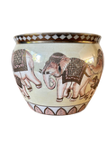 Vintage Hand-Painted Porcelain Jardinière | Elephant Procession & Gold Rim | 28cm