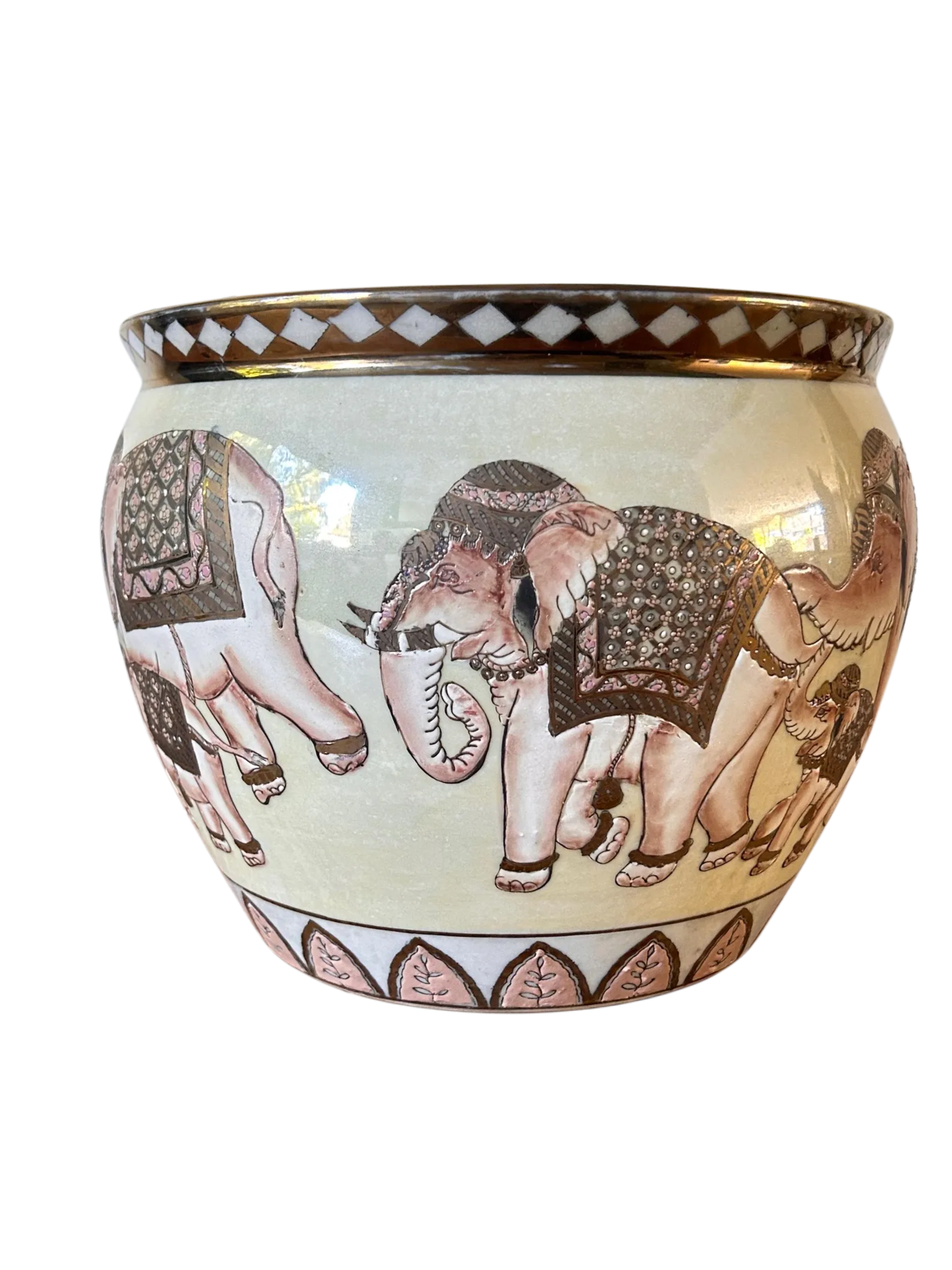 Vintage Hand-Painted Porcelain Jardinière | Elephant Procession & Gold Rim | 28cm