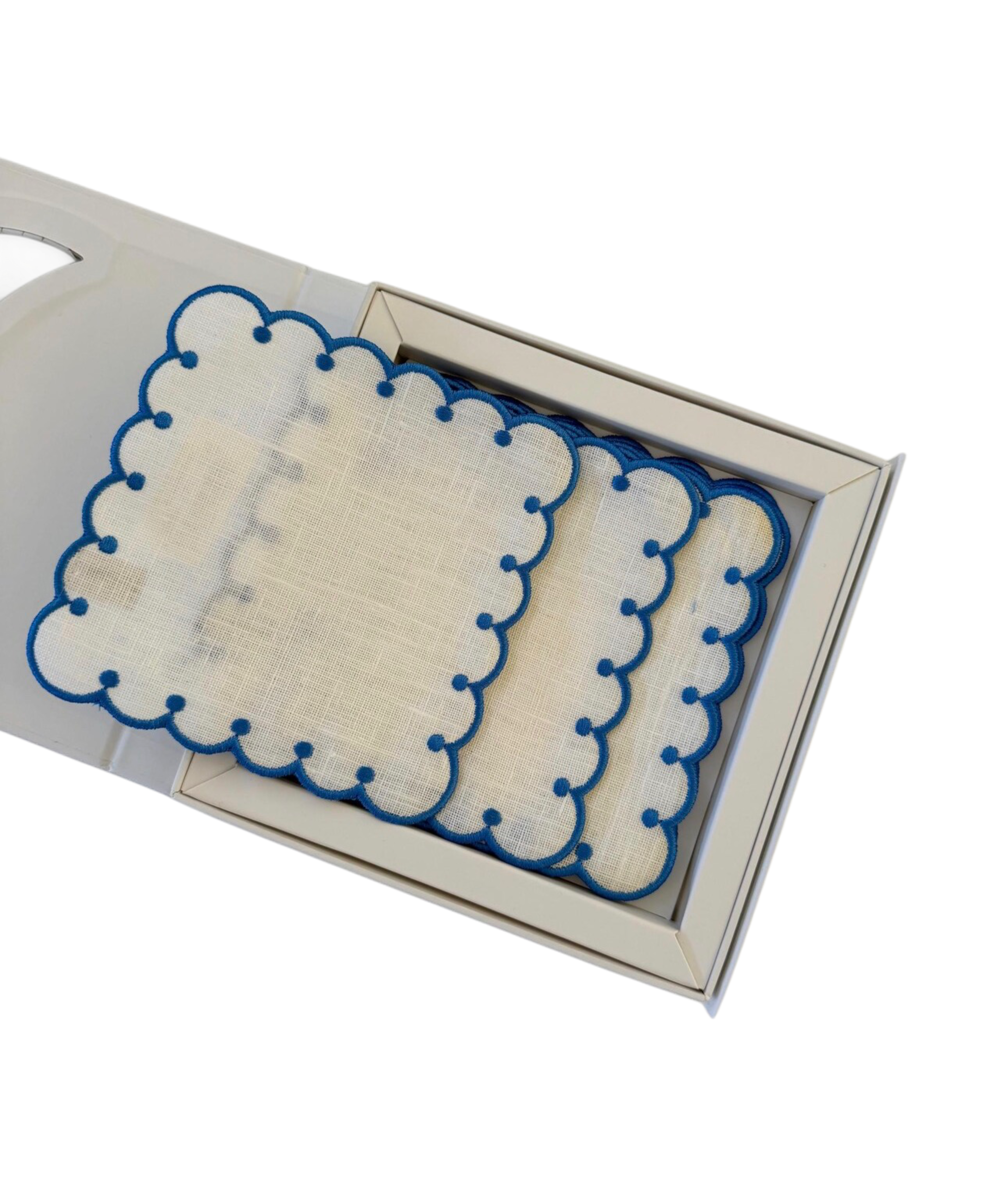 Set of coasters with blue scalloped edges in a decorative box on a white background