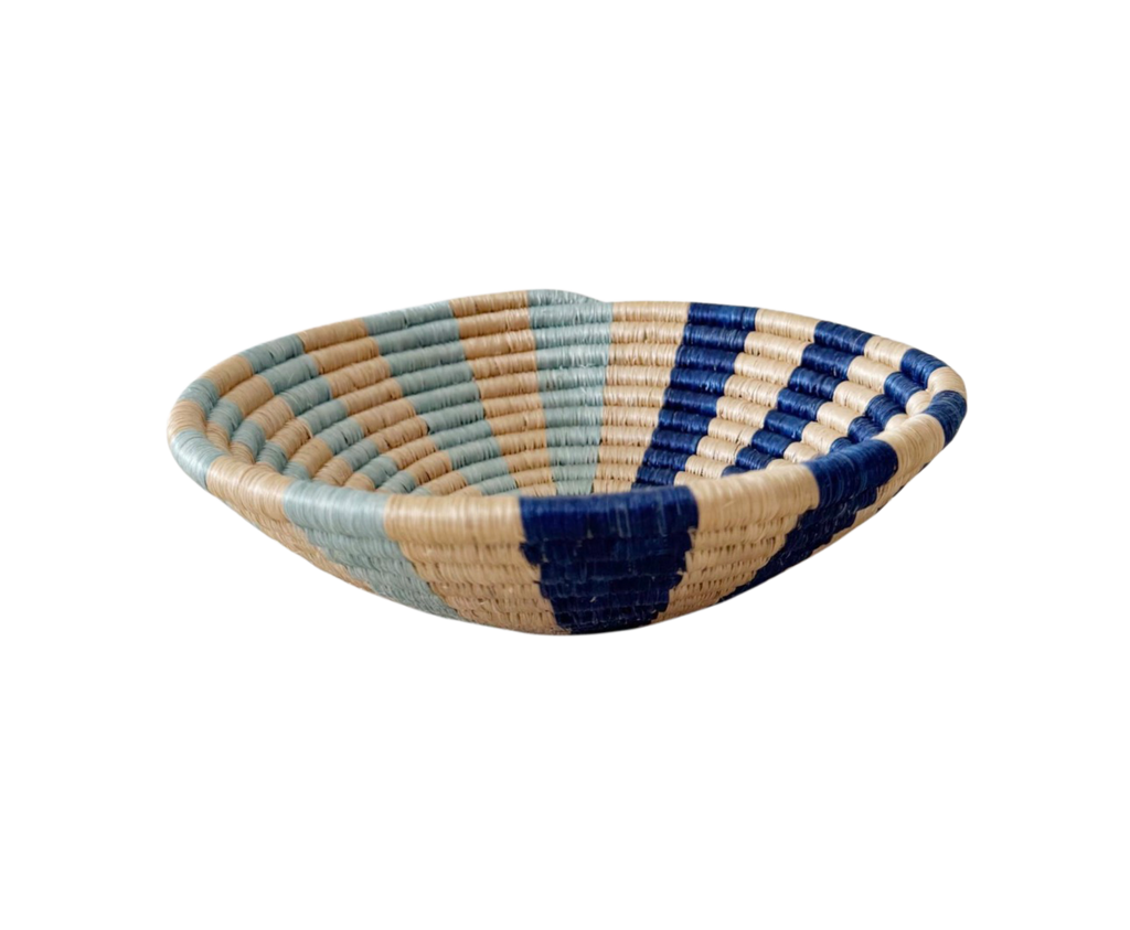 12 inch handwoven Rwandan sisal and sweetgrass basket with hanging string, natural earth tones, dual use table basket and wall art, Boutique Kaotique Home Edit
