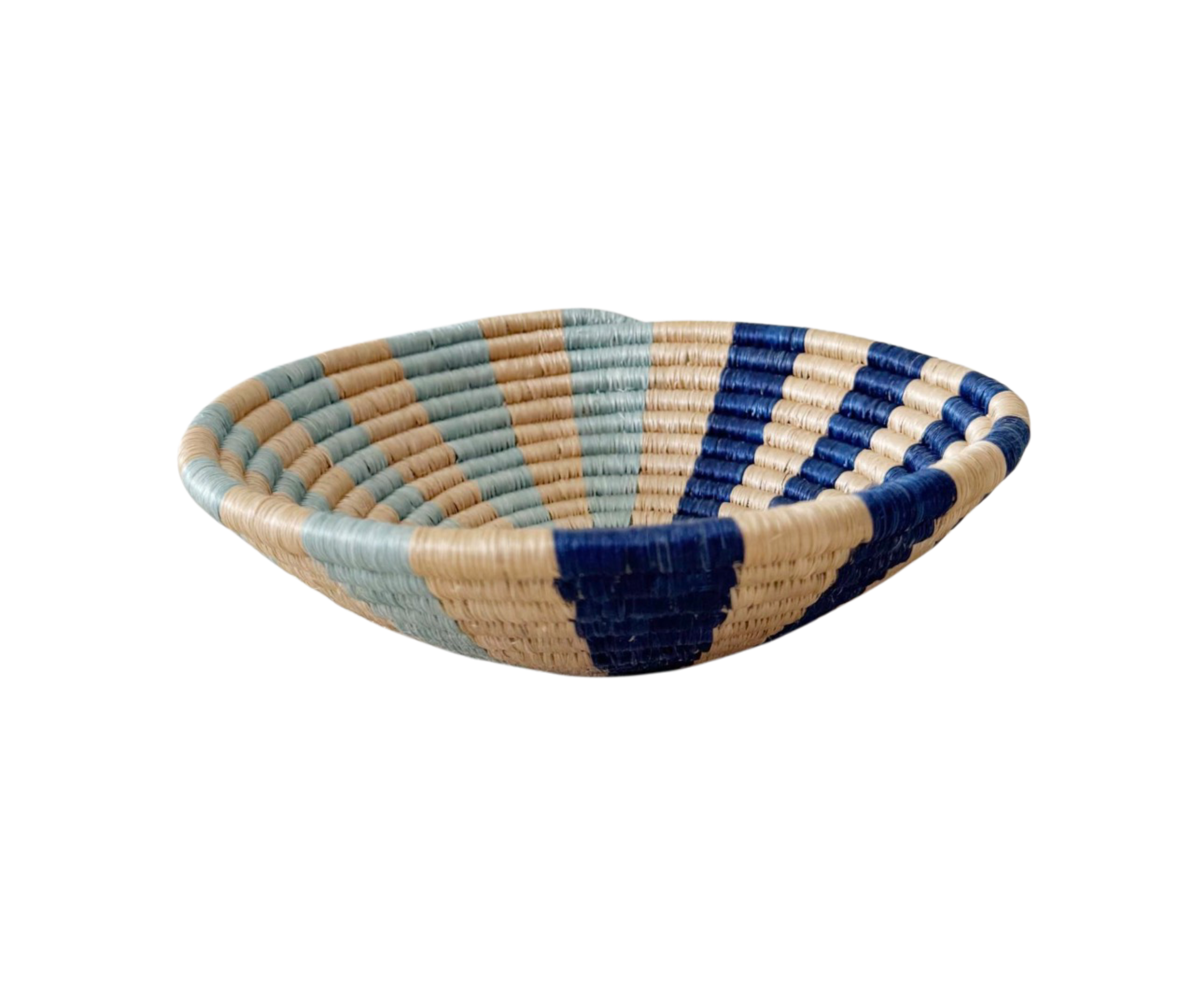 12 inch handwoven Rwandan sisal and sweetgrass basket with hanging string, natural earth tones, dual use table basket and wall art, Boutique Kaotique Home Edit
