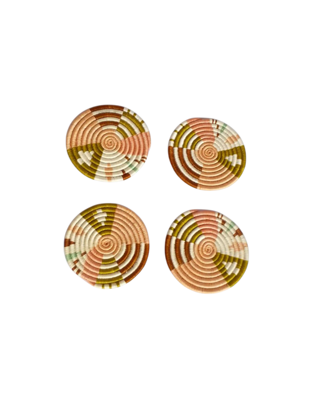 Set of four Nziza handwoven natural sisal and grass coasters made by female artisans in Rwanda, earthy tones, unique woven patterns, Boutique Kaotique Home Edit