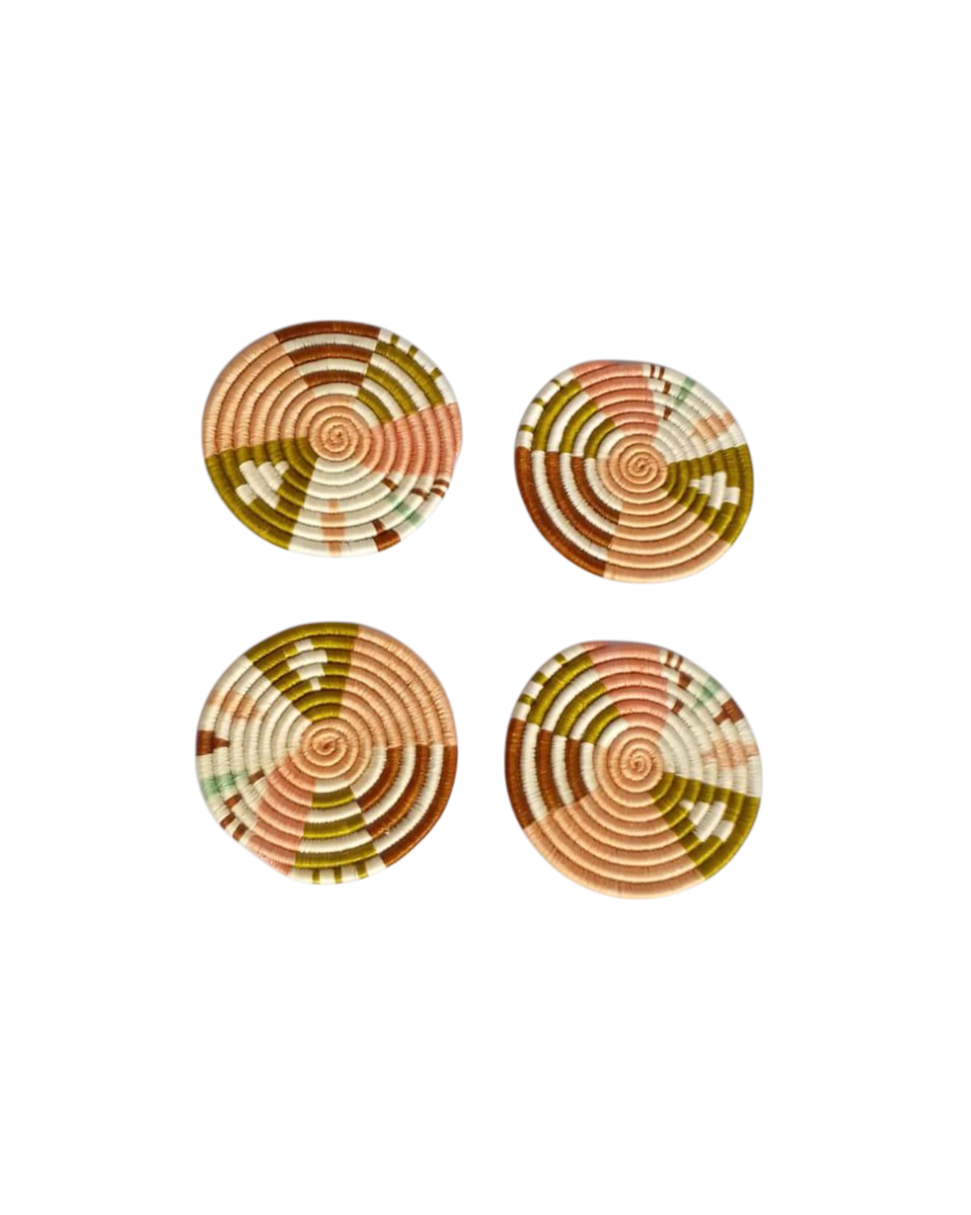 Set of four Nziza handwoven natural sisal and grass coasters made by female artisans in Rwanda, earthy tones, unique woven patterns, Boutique Kaotique Home Edit