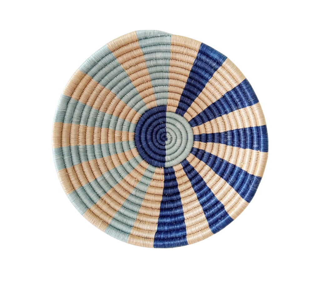 12 inch handwoven Rwandan sisal and sweetgrass basket with hanging string, natural earth tones, dual use table basket and wall art, Boutique Kaotique Home Edit
