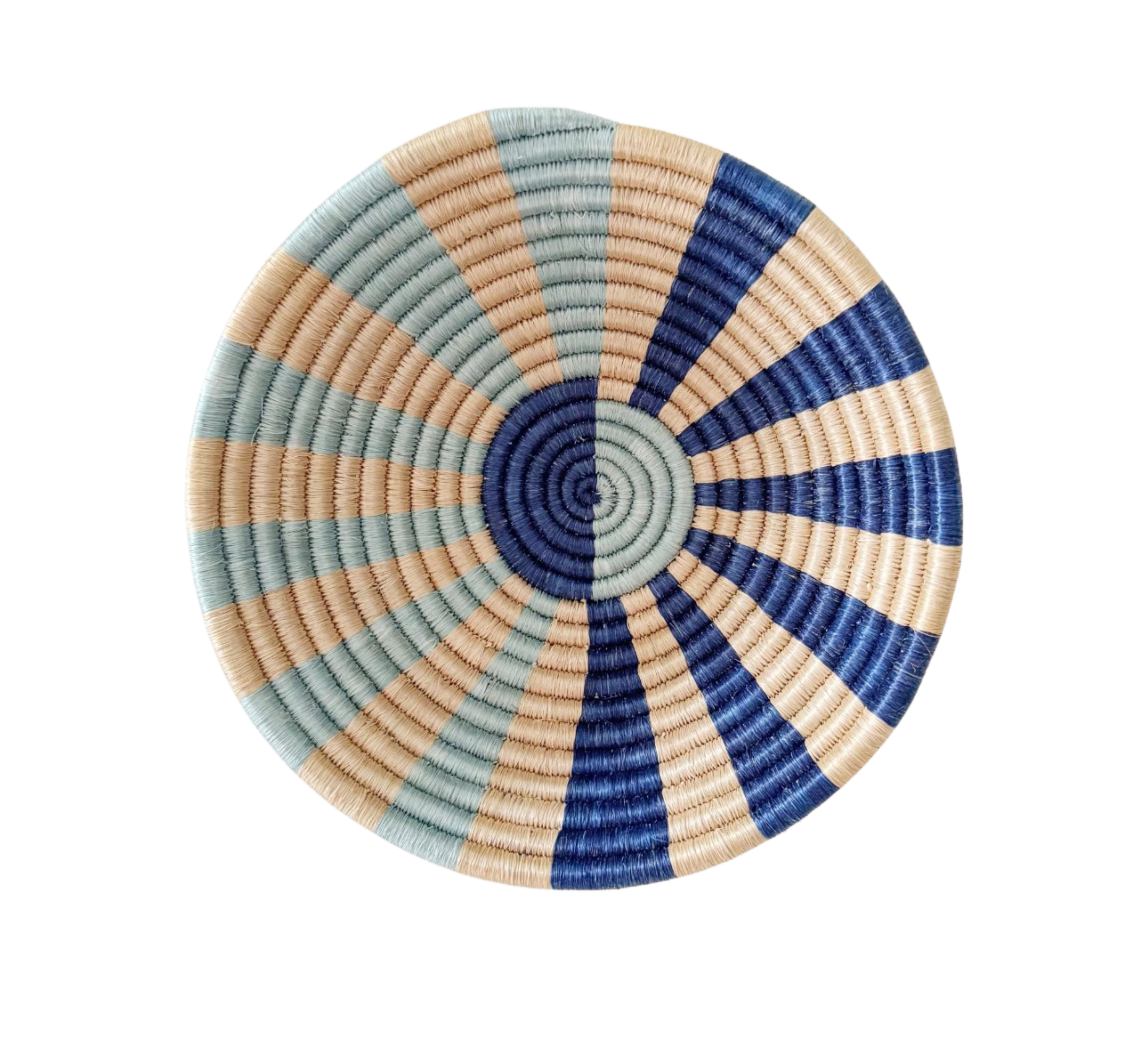 12 inch handwoven Rwandan sisal and sweetgrass basket with hanging string, natural earth tones, dual use table basket and wall art, Boutique Kaotique Home Edit
