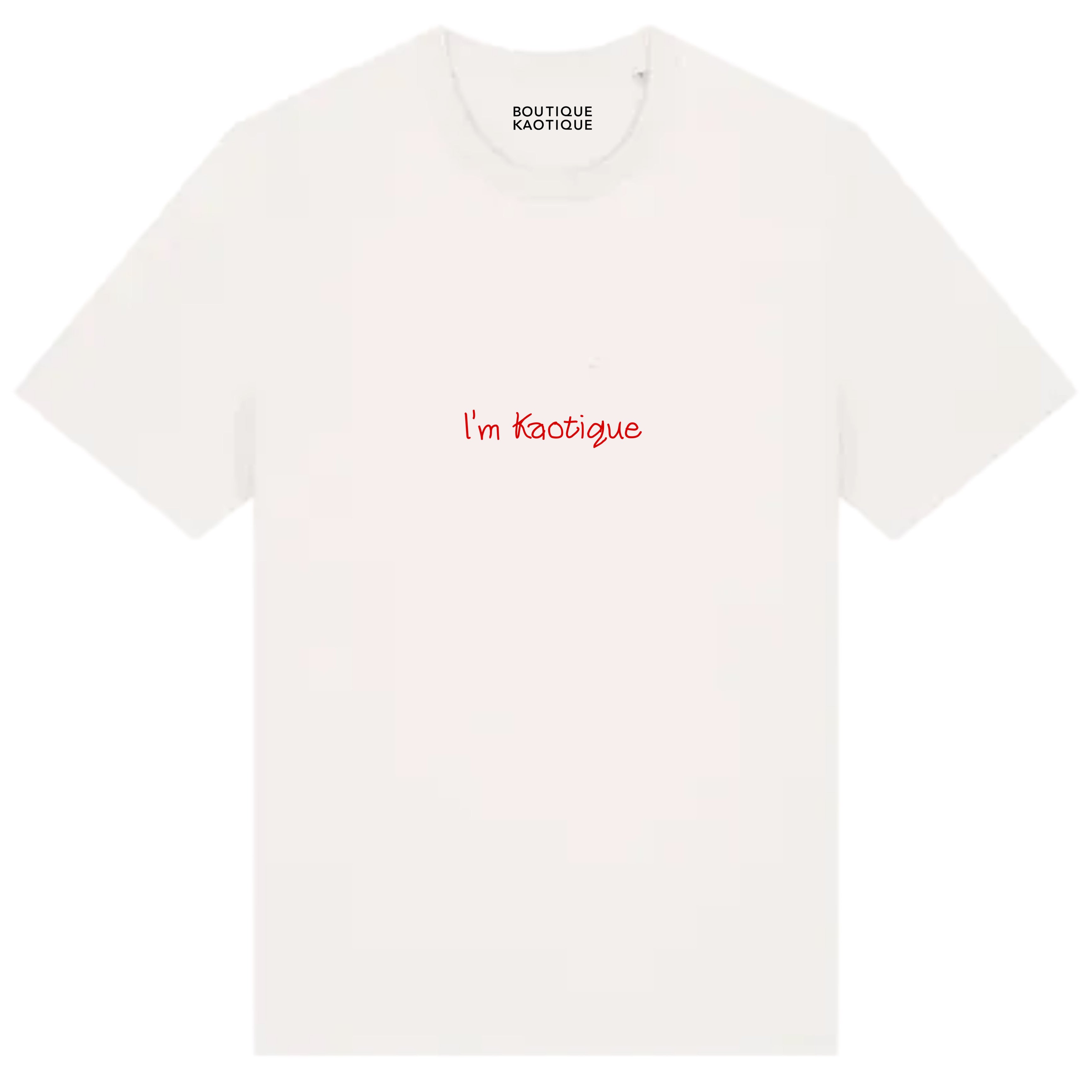 White t-shirt with red text 'I'm Kaotique' on a white background