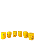 Set of six yellow textured glass tumblers on a white background