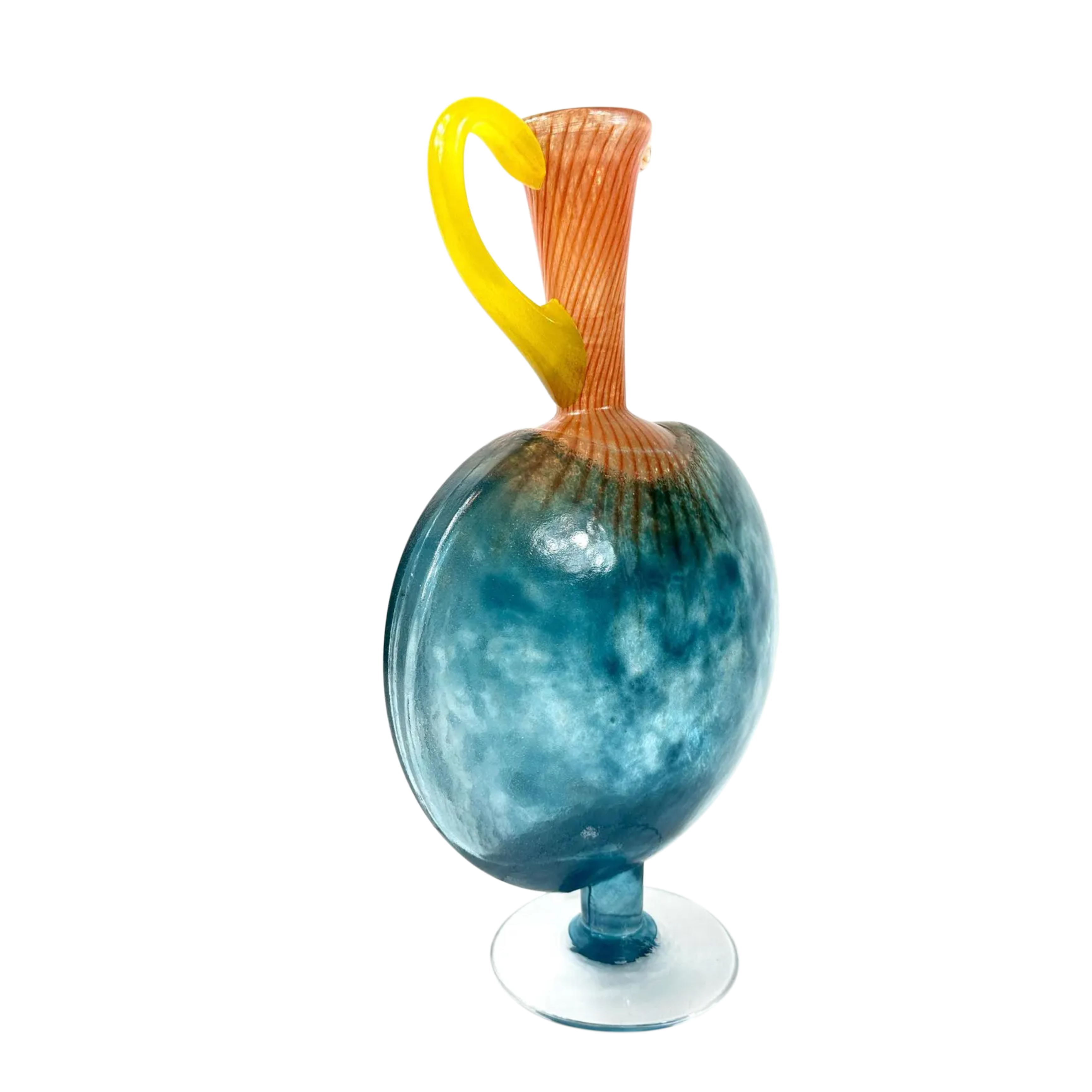Glass sculpture with blue base, orange and yellow handle on a white background