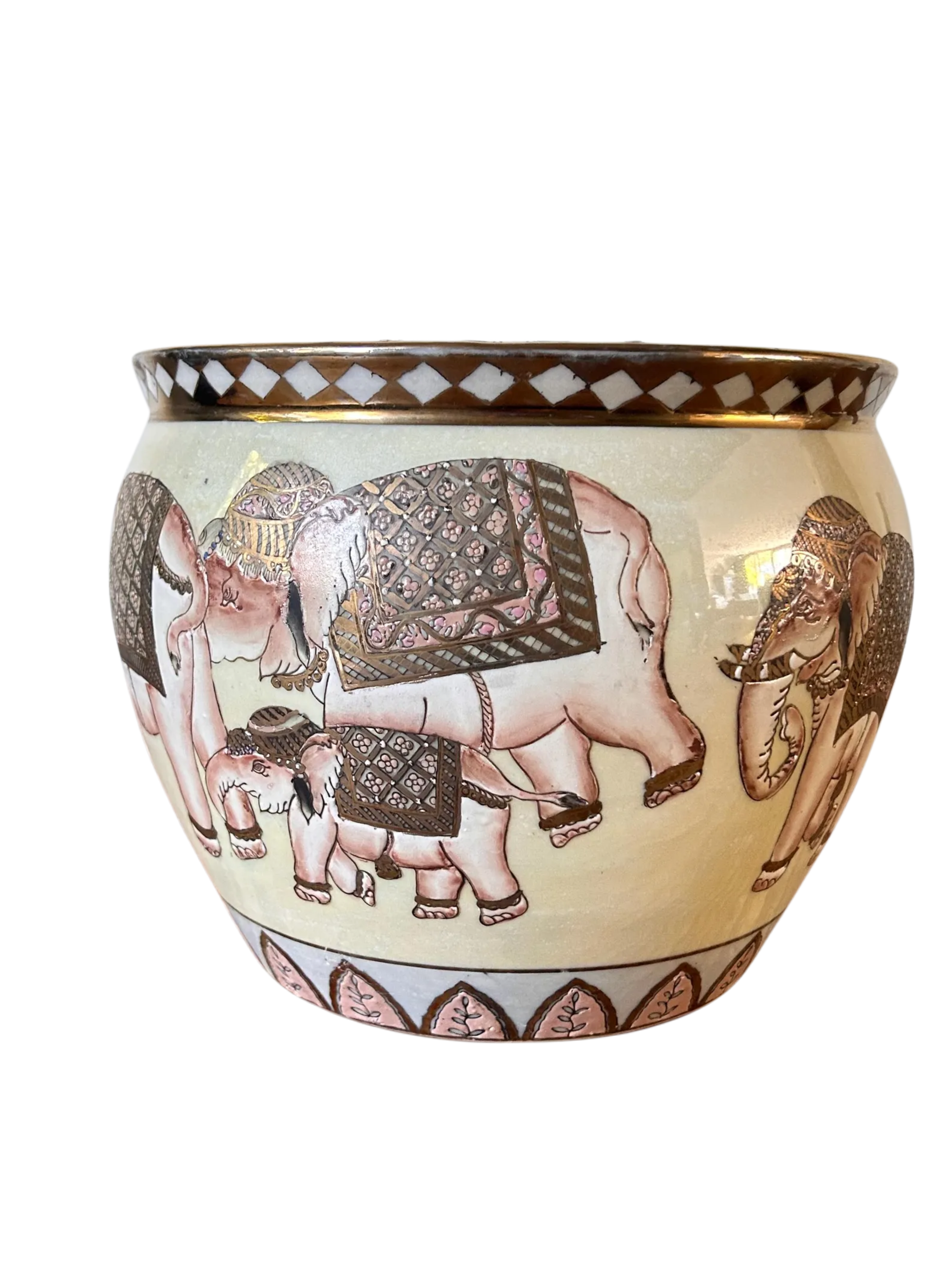 Vintage Hand-Painted Porcelain Jardinière | Elephant Procession & Gold Rim | 28cm