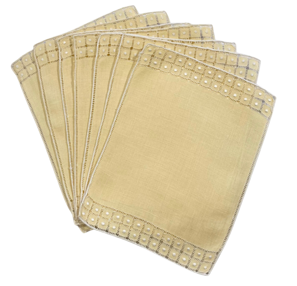 Butter yellow linen cocktail napkins with hand-embroidered drawn-work edges — set of 7, vintage