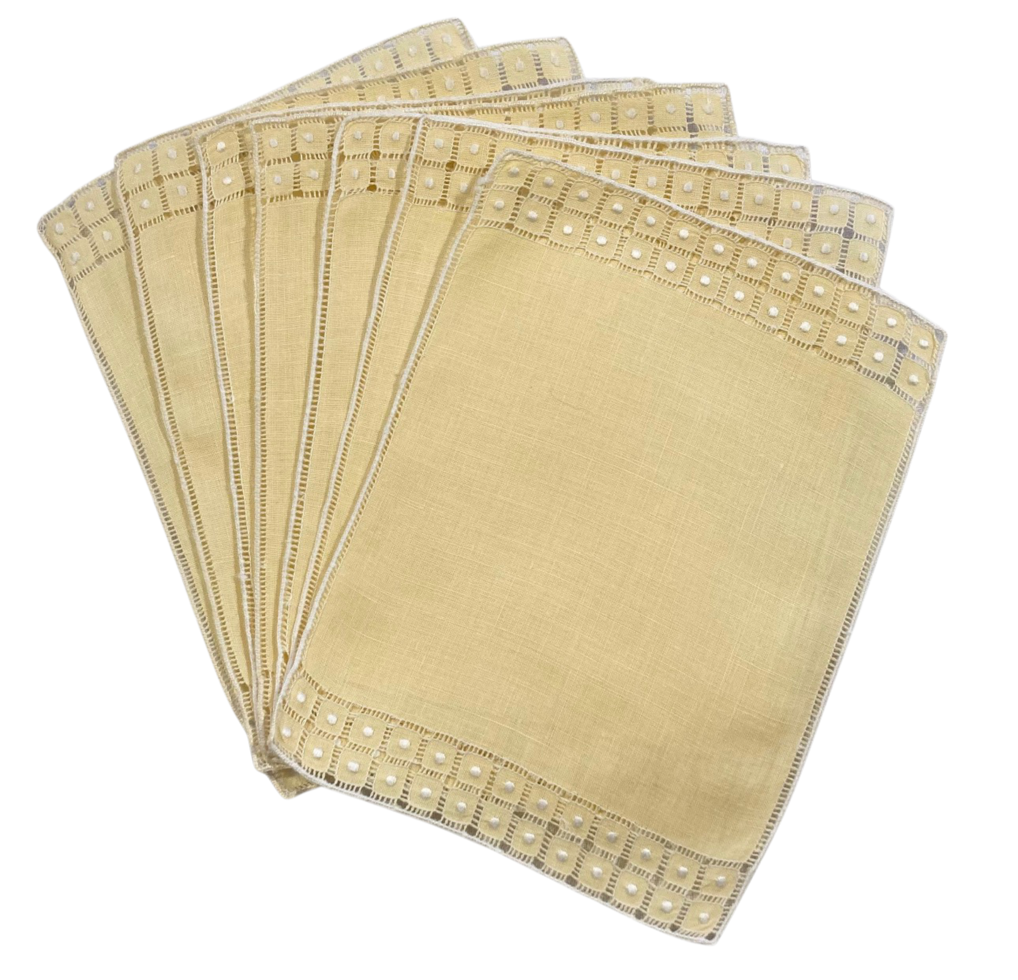Butter yellow linen cocktail napkins with hand-embroidered drawn-work edges — set of 7, vintage