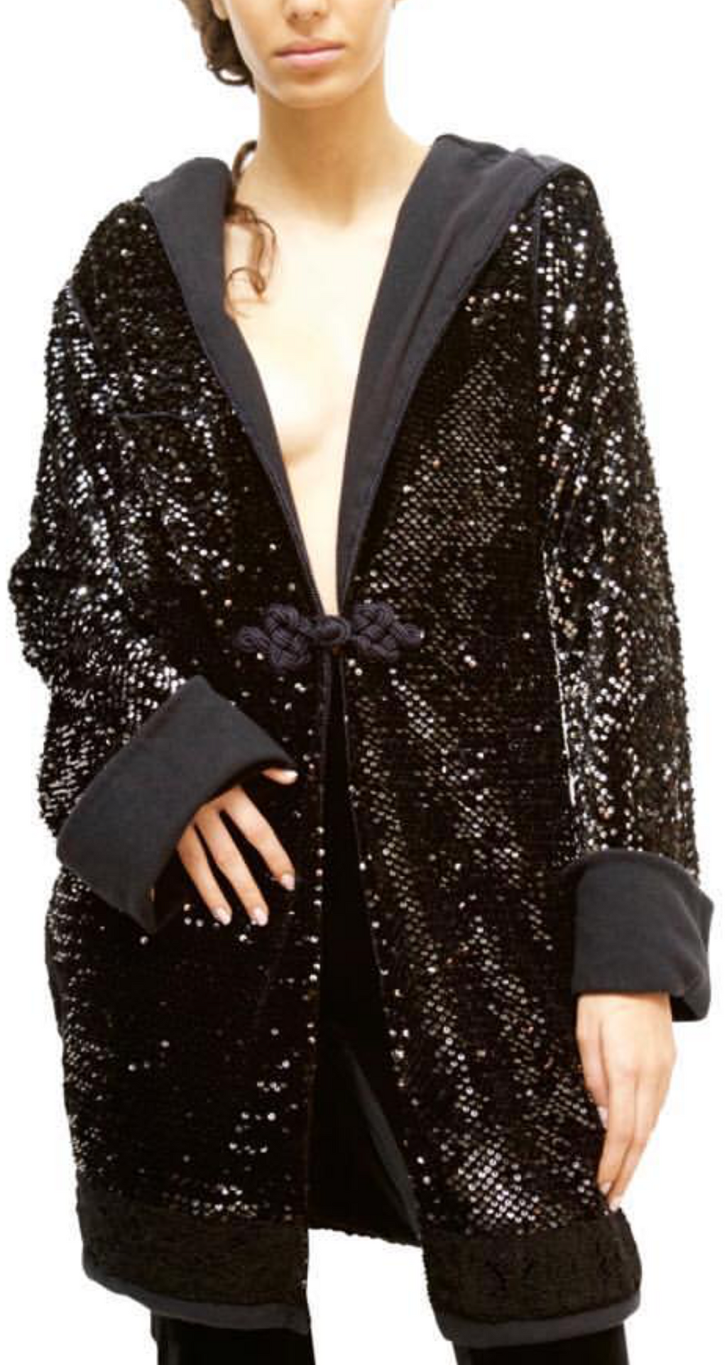 Black sequin robe with a hood on a white background. Black sequins embroidered coat — black designer coat with hand-stitched sequin embroidery from Laure Welfling Marrakech, limited edition