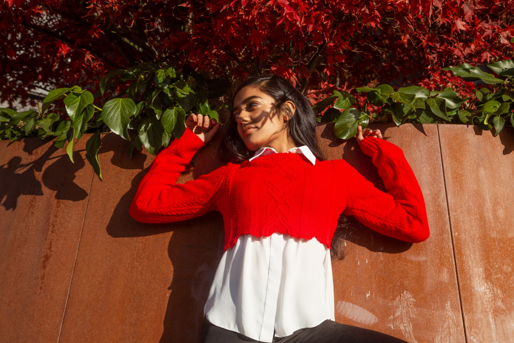 Knitted Long Sleeve Crop Top - Red
