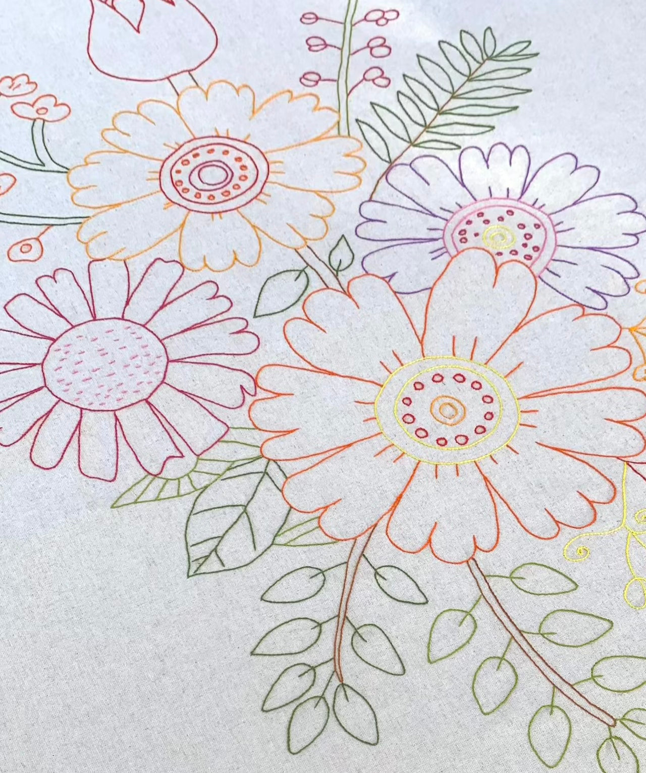 Colorful floral embroidery design on a light background tablecloth