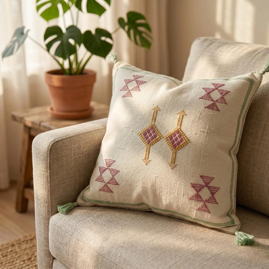Decorative pillow with geometric patterns on a beige sofa in a cozy living room.