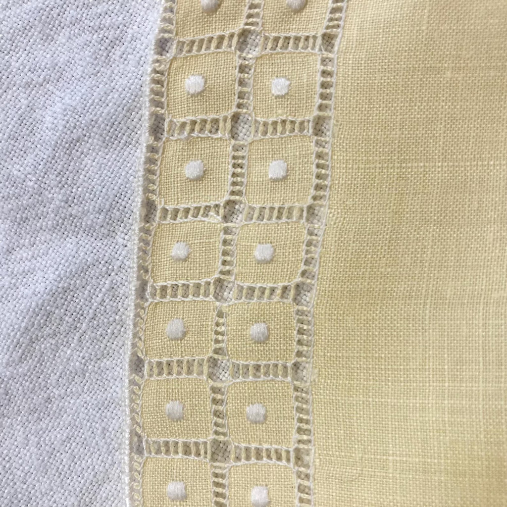 Butter yellow linen cocktail napkins with hand-embroidered drawn-work edges — set of 7, vintage
