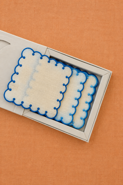White Linen Scalloped Coasters | Royal Blue Edge | Boxed Set of 6