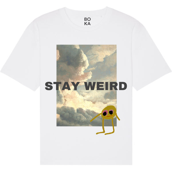 Stay Weird affirmation tee — white organic cotton t-shirt with rainbow LGBT+ pride print, unisex fit, charity tee designed in London