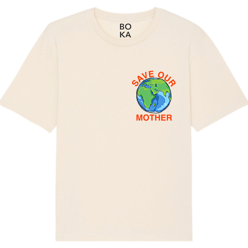 Save Our Mother climate tee — white organic cotton t-shirt with hand-illustrated earth print, unisex fit, climate charity tee