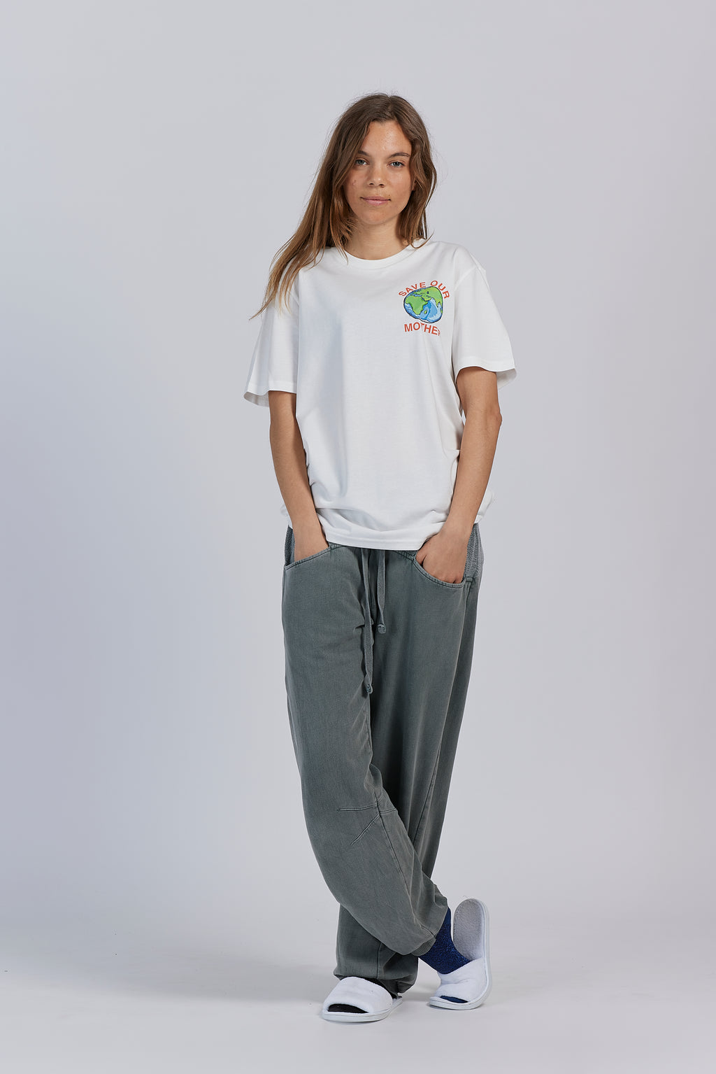 Save Our Mother climate tee — white organic cotton t-shirt with hand-illustrated earth print, unisex fit, climate charity tee