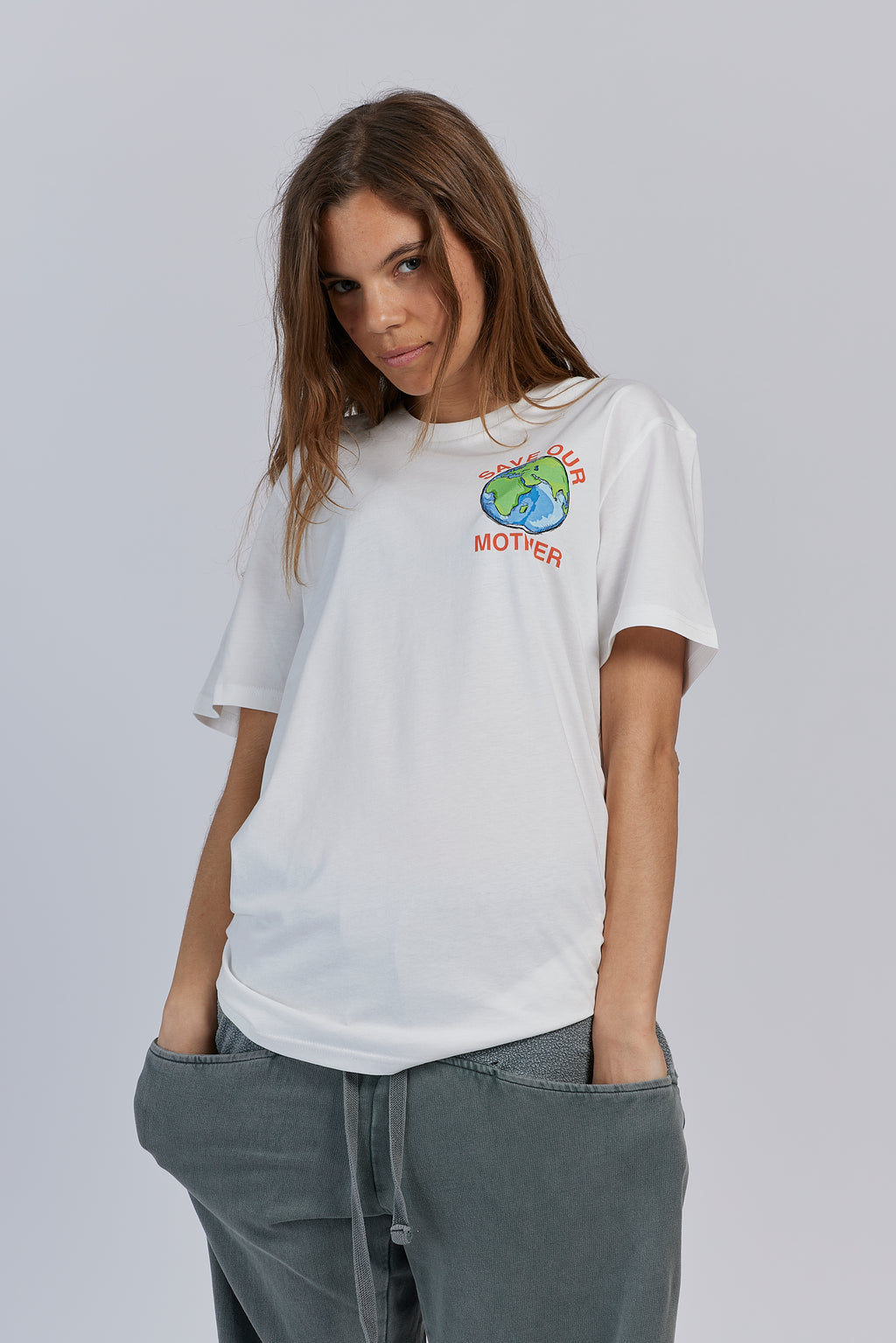 Save Our Mother climate tee — white organic cotton t-shirt with hand-illustrated earth print, unisex fit, climate charity tee