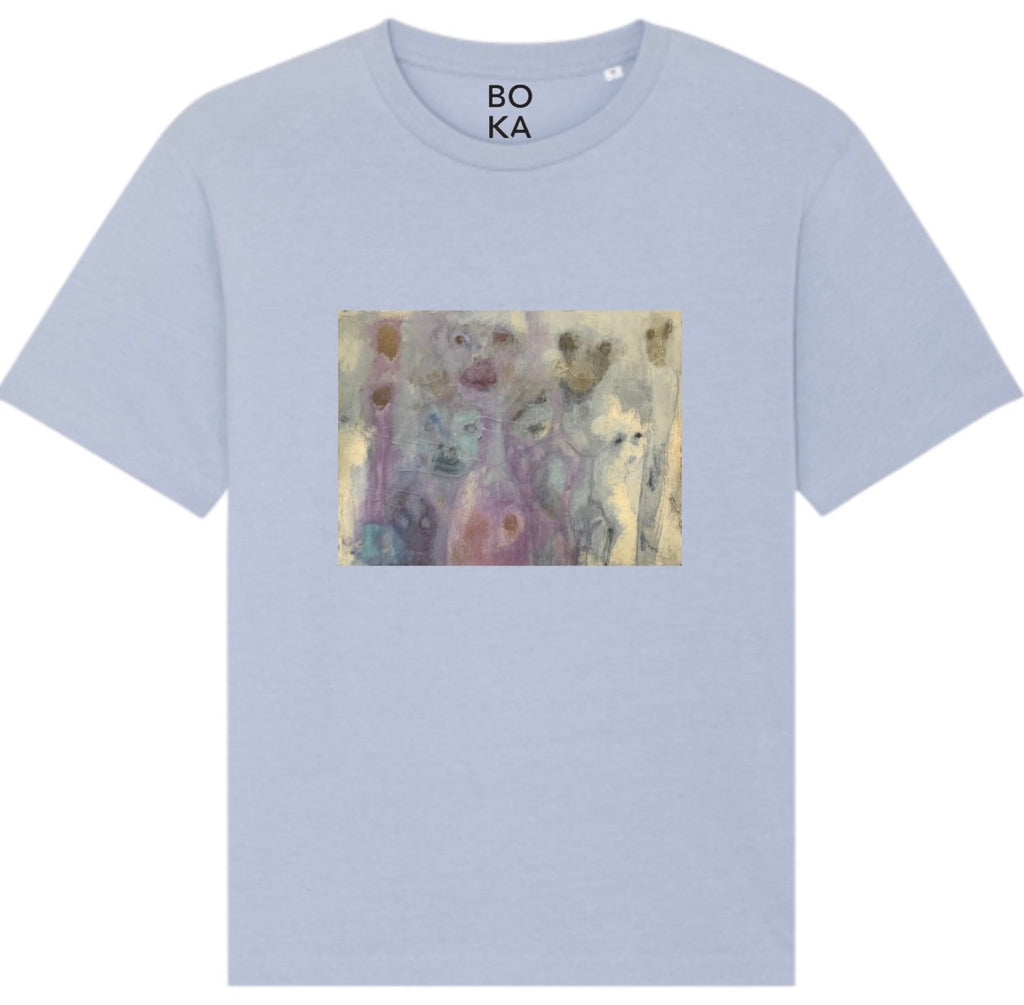 A serene blue organic cotton t-shirt with a hidden ghost abstract design on the front. Hidden Ghosts tee — serene blue organic cotton t-shirt with ghost print, unisex fit, mental health charity tee
