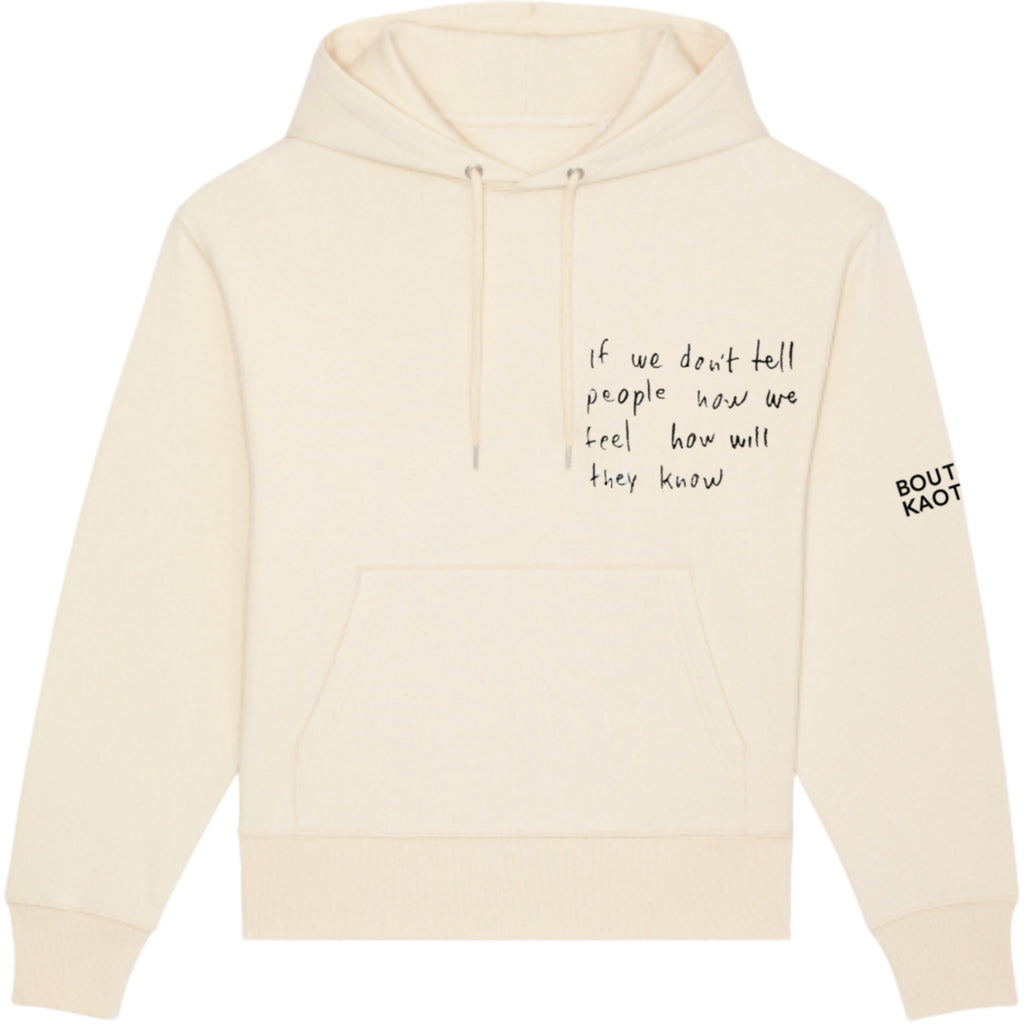 A organic cotton hoodie with a printed message on the front and the brand name 'Boutique Kaotique' on the sleeve. Spoken Words hoodie — heavy 320gsm organic cotton charity hoodie, unisex fit, multi-cause made-to-order London