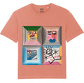 An organic cotton t-shirt in rose clay color with a graphic print of four different characters in a grid layout. Four Moods affirmation tee — rose clay organic cotton t-shirt with painted mood print, unisex fit, mental health charity