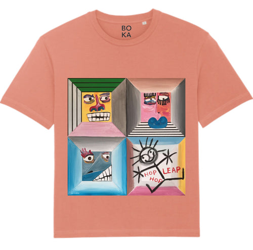An organic cotton t-shirt in rose clay color with a graphic print of four different characters in a grid layout. Four Moods affirmation tee — rose clay organic cotton t-shirt with painted mood print, unisex fit, mental health charity