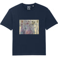 Navy organic cotton t-shirt with a multicolor abstract design on the front and the brand 'BOKA' visible at the neckline. Hidden Ghosts tee — navy organic cotton t-shirt with white ghost print, unisex fit, mental health charity tee